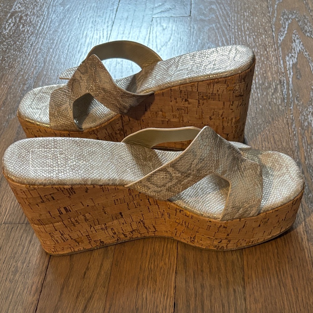 ShuShop Metallic Silver Cork Wedge Slide Sandals